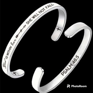 New Silver Stainless Steel Engraved Christian Inspirational Cuff Bracelet